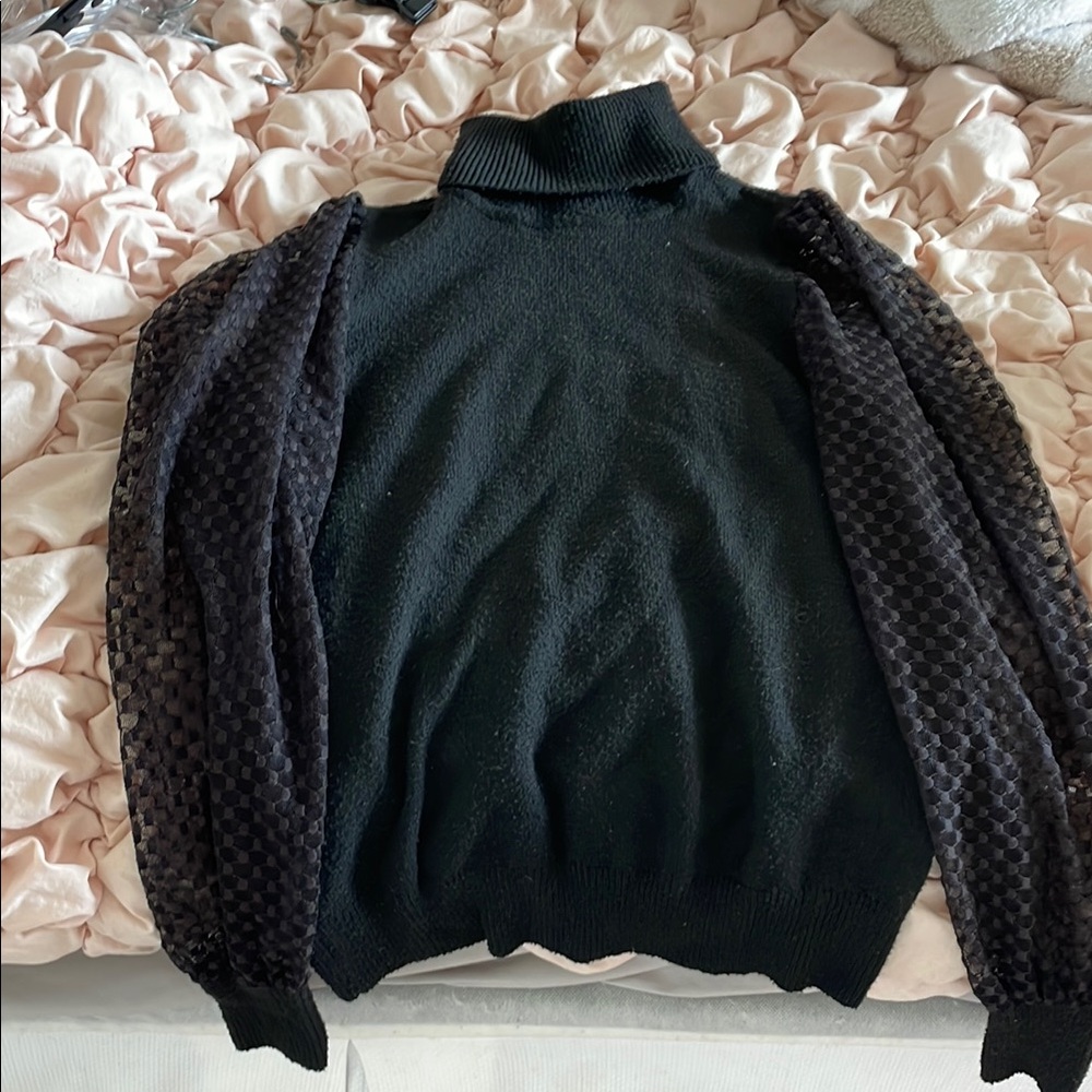 Marled women’s small black sweater, with sheer sleeves, turtleneck